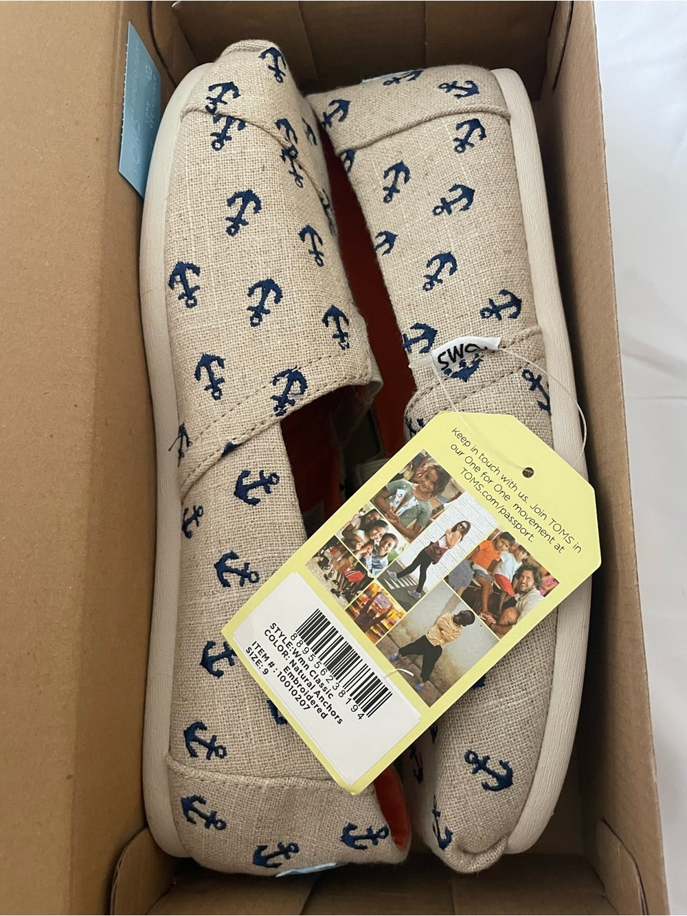 TOMS Natural Canvas Slip-On Moccasins with Navy Anchor Print